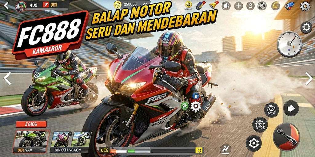 Tampilan gameplay seru dalam balap motor yang mendebarkan.