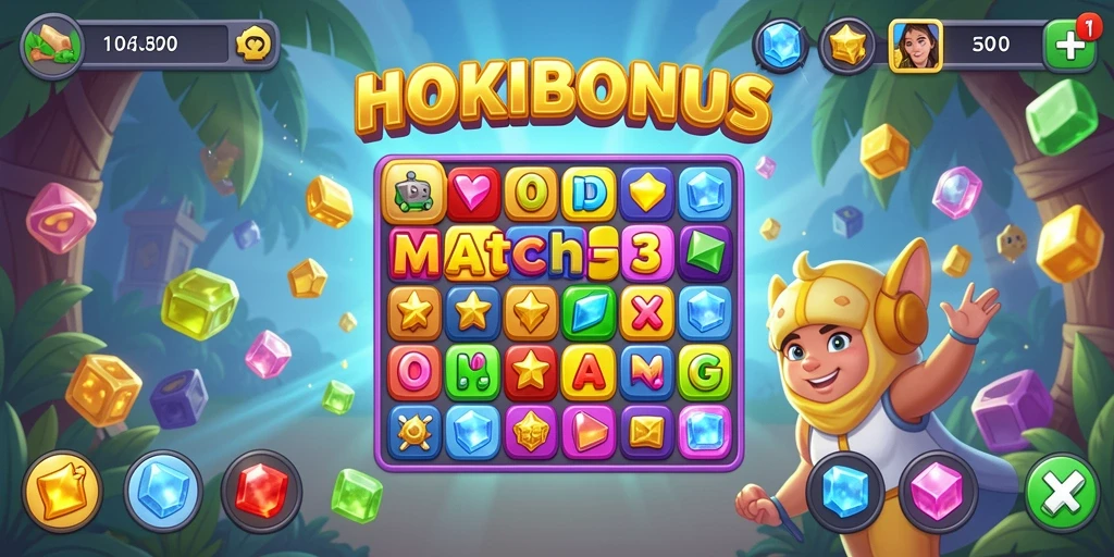 Screenshot gameplay HOKIBONUS menampilkan aksi Match-3 yang seru.