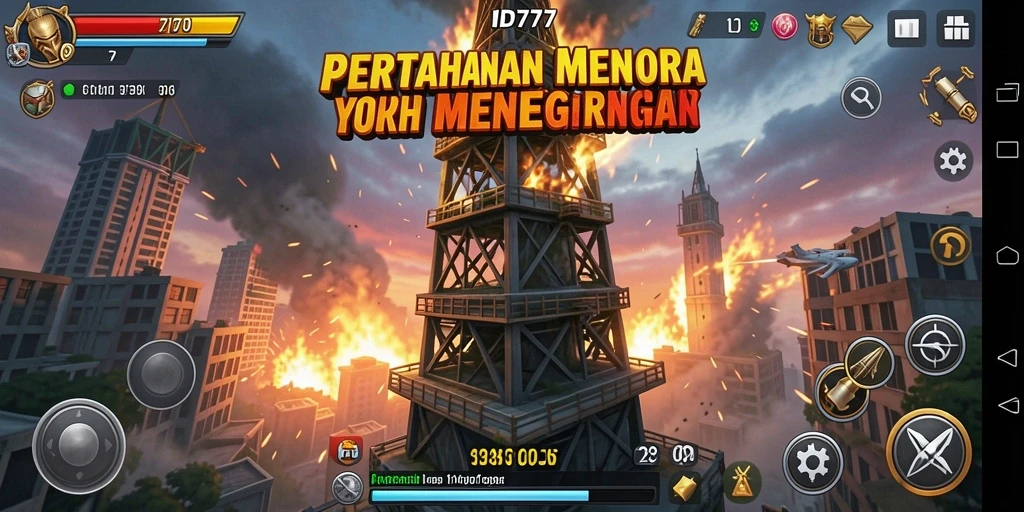 Tangkapan layar utama ID777 menampilkan gameplay menara yang epik dan menegangkan.