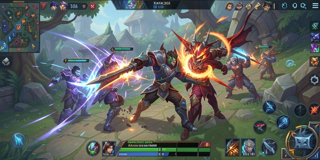Screenshot tampilan gameplay KAKA303 yang menampilkan aksi seru di arena MOBA.