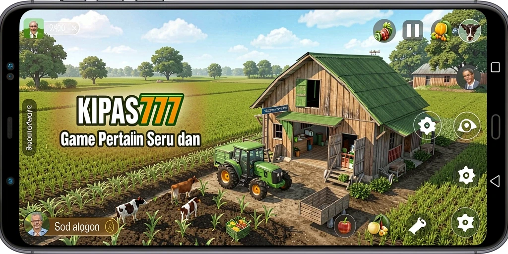 Tampilan gameplay KIPAS777 dengan taman dan hewan ternak yang indah.