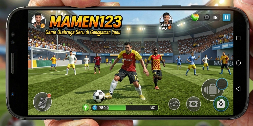 Screenshot gameplay MAMEN123 yang menunjukkan aksi seru di lapangan olahraga.