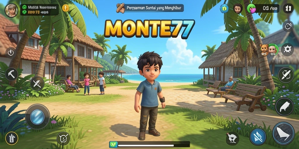 Screenshot utama MONTE77 menampilkan aksi gameplay yang seru dan penuh warna.