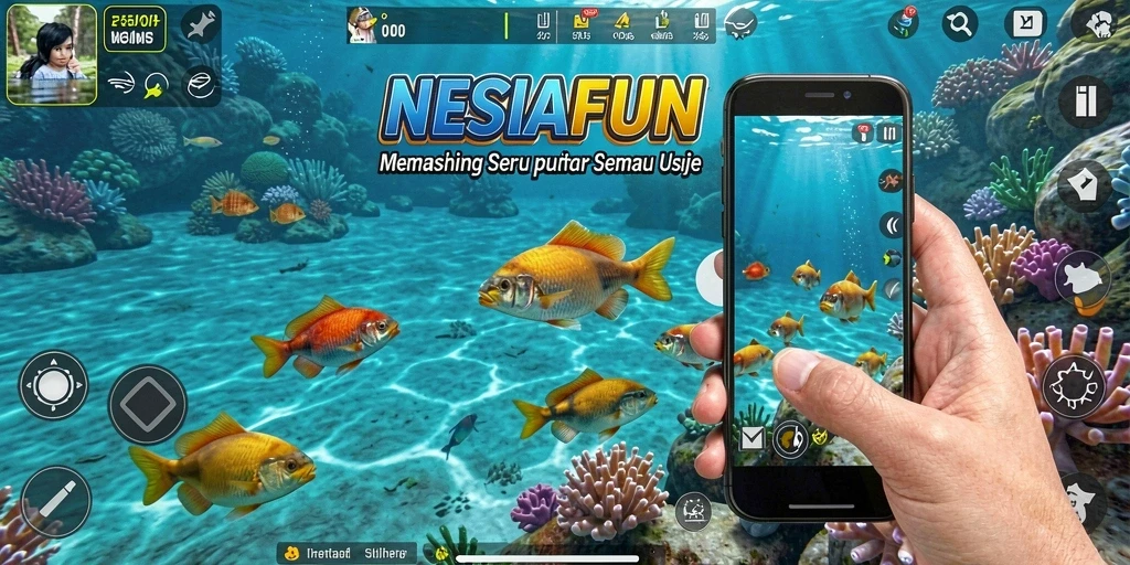 Tampilan gameplay NESIAFUN yang menakjubkan saat memancing di danau.