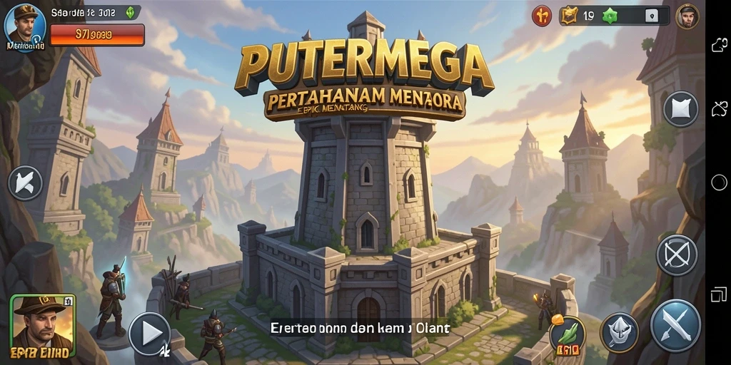 Tampilan gameplay PUTERMEGA menampilkan menara pertahanan yang strategis dan serangan musuh intens.