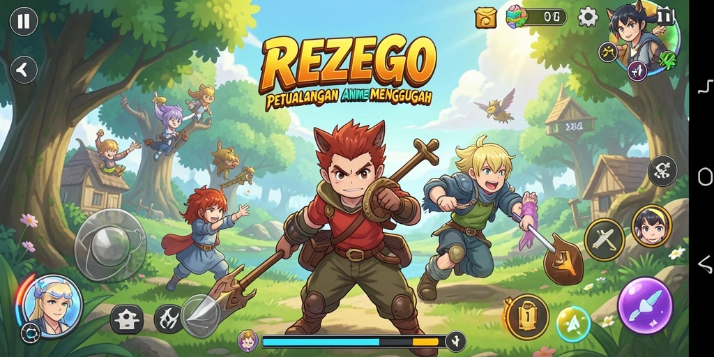 Tampilan gameplay REZEGO yang memukau dan penuh warna.