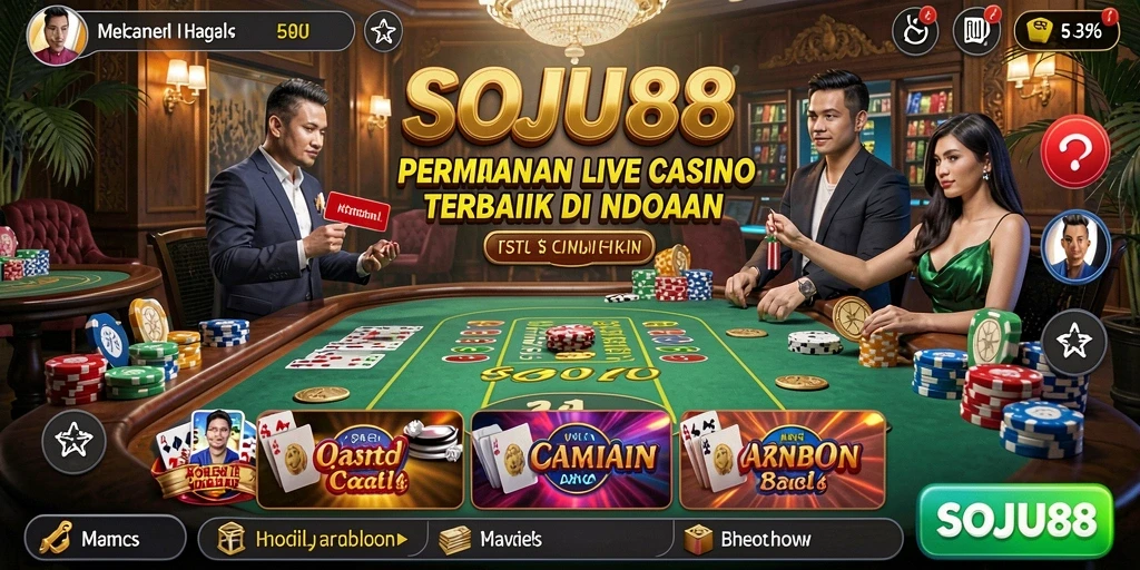 Screenshot gameplay menarik dari SOJU88 yang menunjukkan dealer dan pemain berinteraksi.